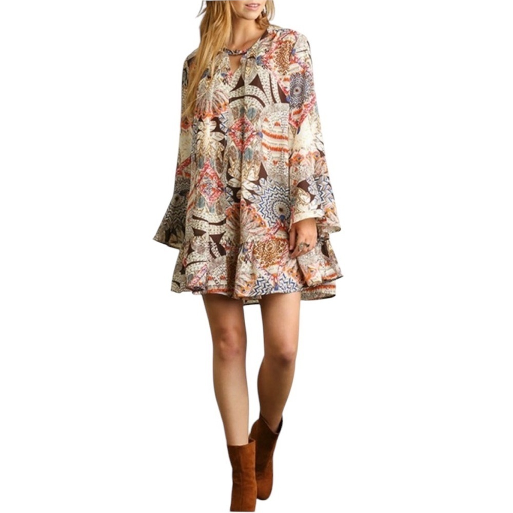 Umgee Boho Dress SM Tiered Tunic Flowy Bohemian Bell Sleeves Babydoll Oversized - Picture 11 of 11